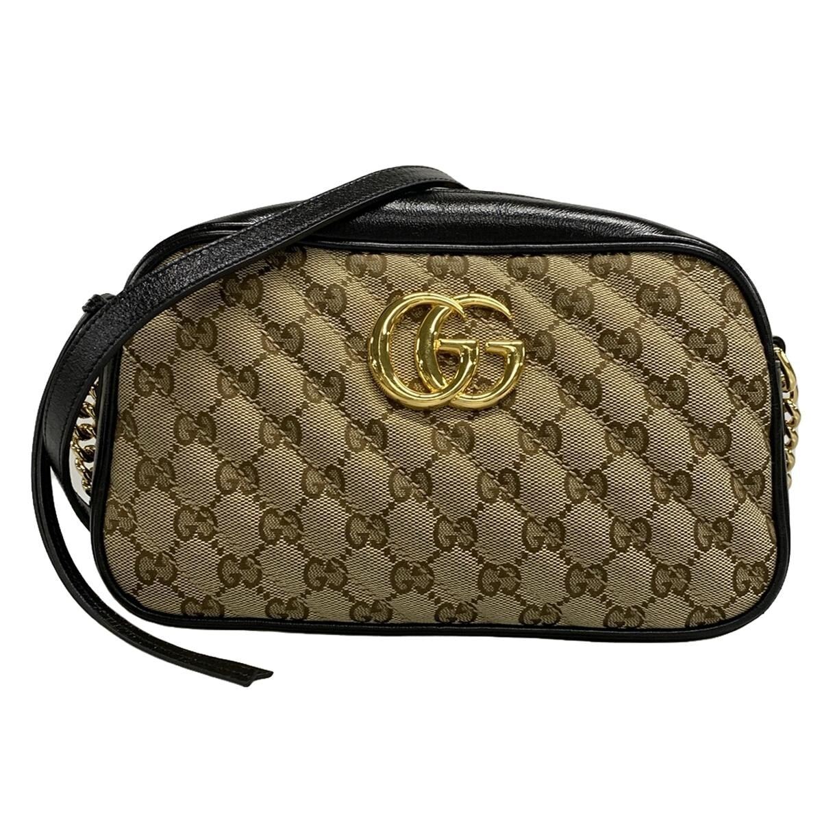 PRE-OWNED GG Marmont Beige Black Jacquard Leather Crossbody Bag