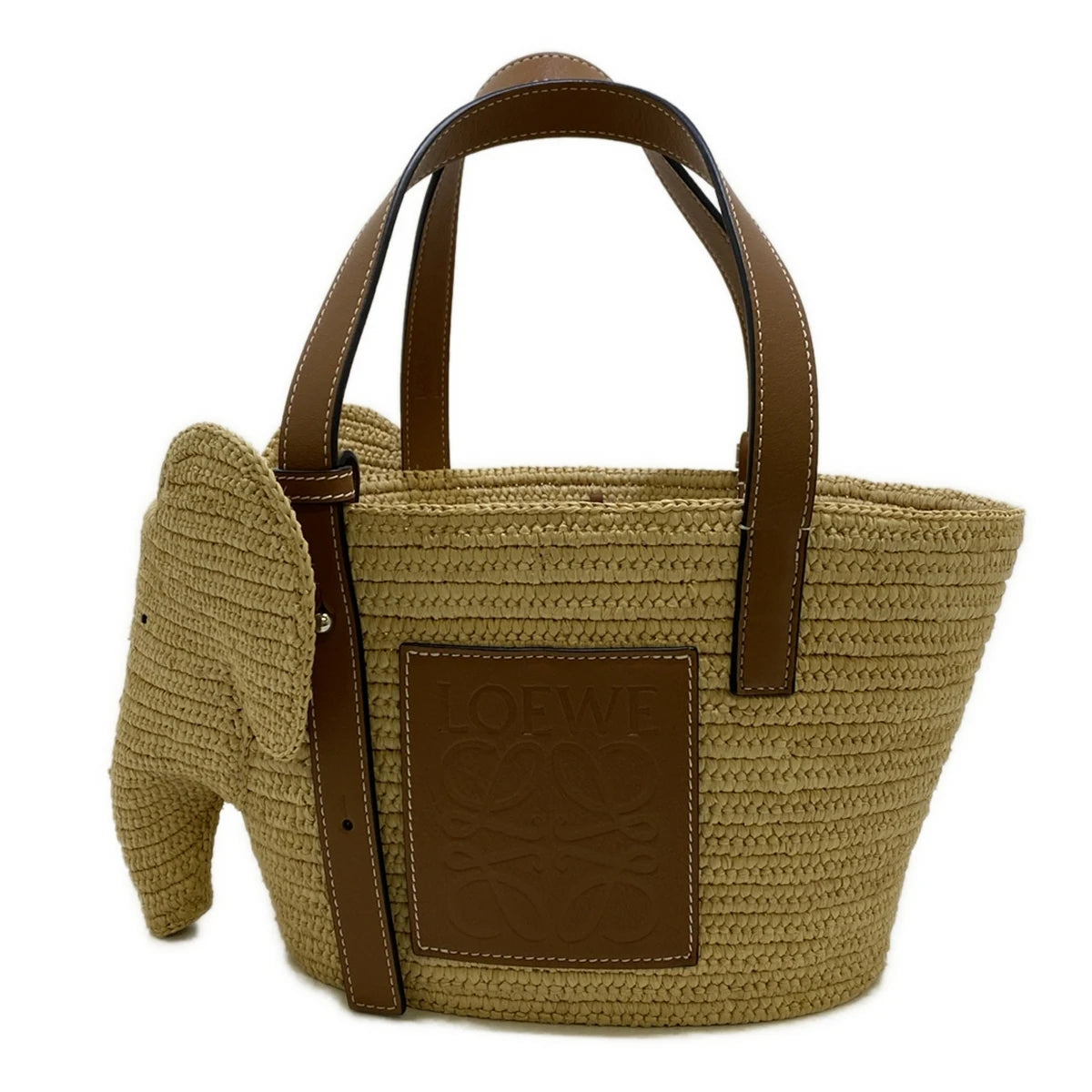 PRE-OWNED Elephant Basket Small Tote Bag Beige Brown Raffia Calf