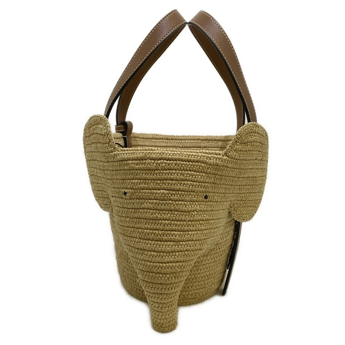 PRE-OWNED Elephant Basket Small Tote Bag Beige Brown Raffia Calf