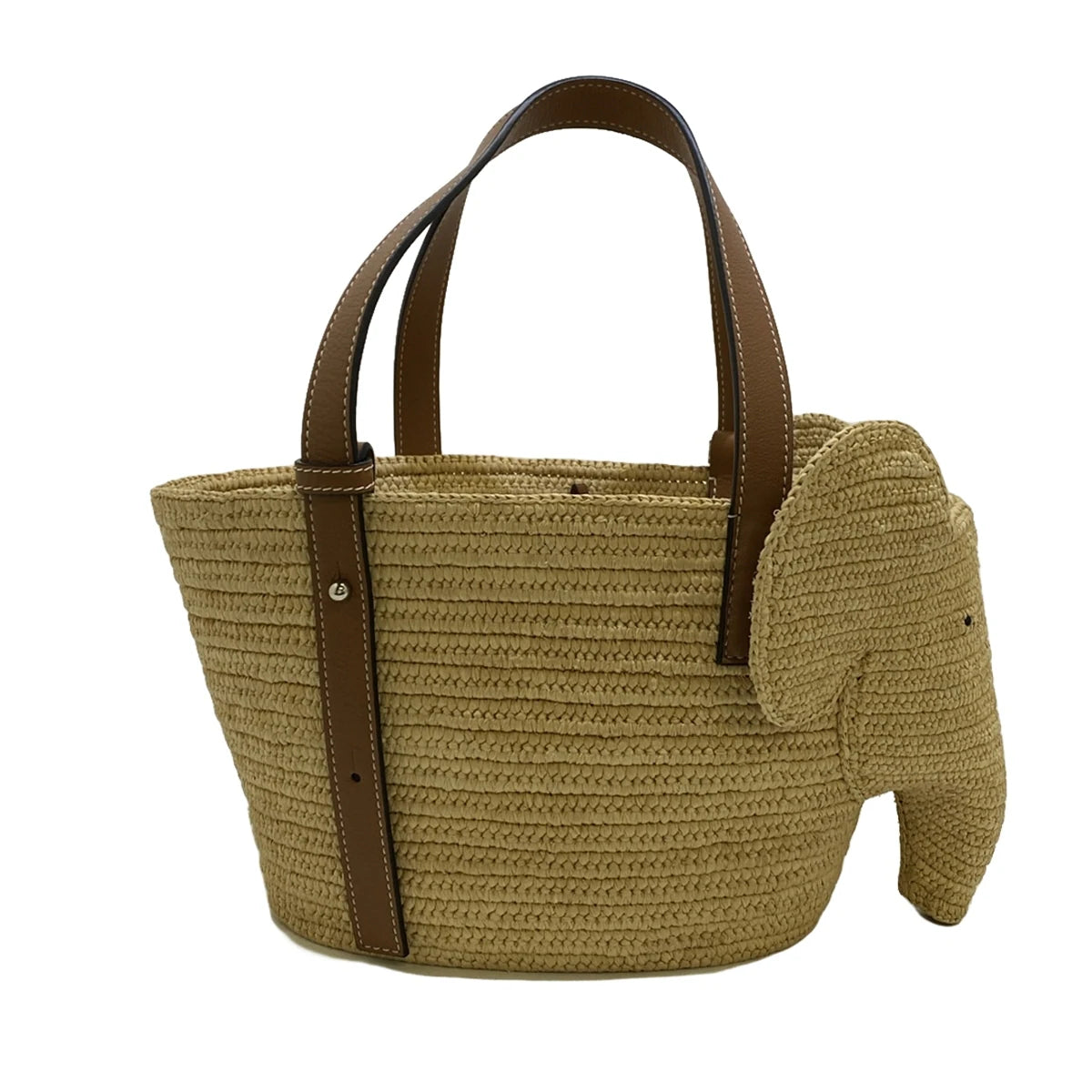 PRE-OWNED Elephant Basket Small Tote Bag Beige Brown Raffia Calf