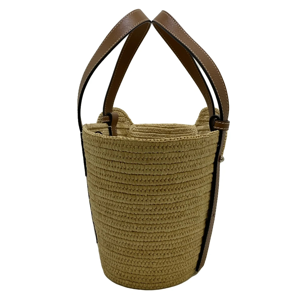 PRE-OWNED Elephant Basket Small Tote Bag Beige Brown Raffia Calf