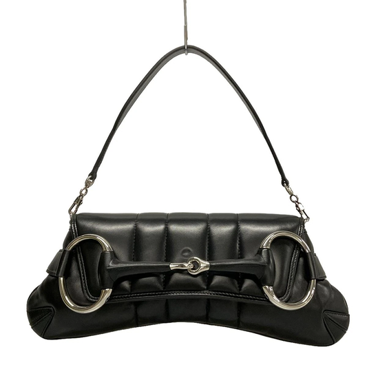 PRE-OWNED Horsebit Chain Medium Black Leather Shoulder Bag