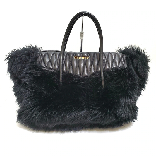 PRE-OWNED Black Matelasse Leather Fur Tote Bag