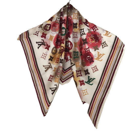 PRE-OWNED LV Carré Monogram Spray White Bordeaux Multi Scarf