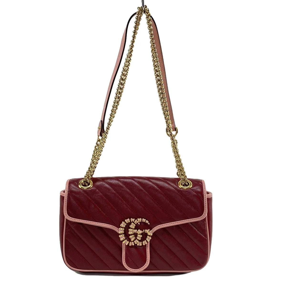 Bolso de hombro pequeño de piel color burdeos y rosa con diseño acolchado GG Marmont de segunda mano