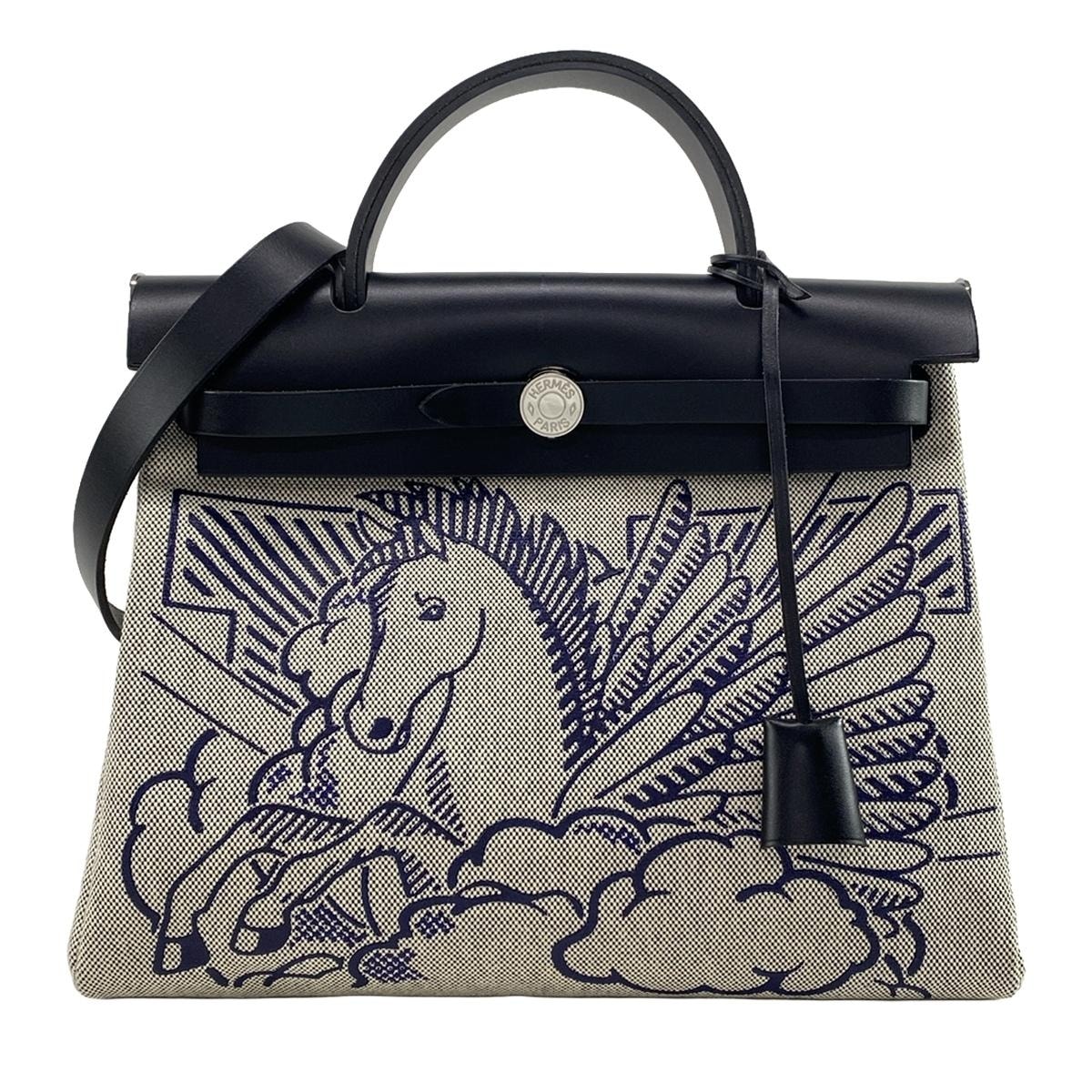PRE-OWNED Her Bag Zip PM Ecru Blue Indigo Black Toile H Vache Hunter Shoulder Bag