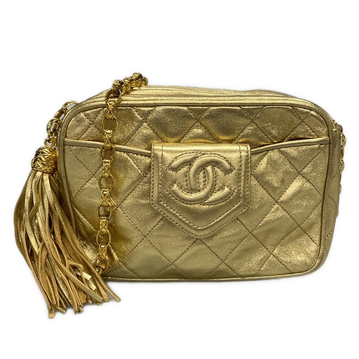 PRE-OWNED CC Mini Matelasse Gold Lambskin Shoulder Bag