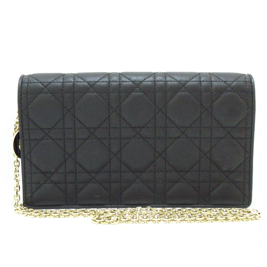 PRE-OWNED Lady Dior Pouch Wallet on a Chain Black Lambskin Crossbody Bag