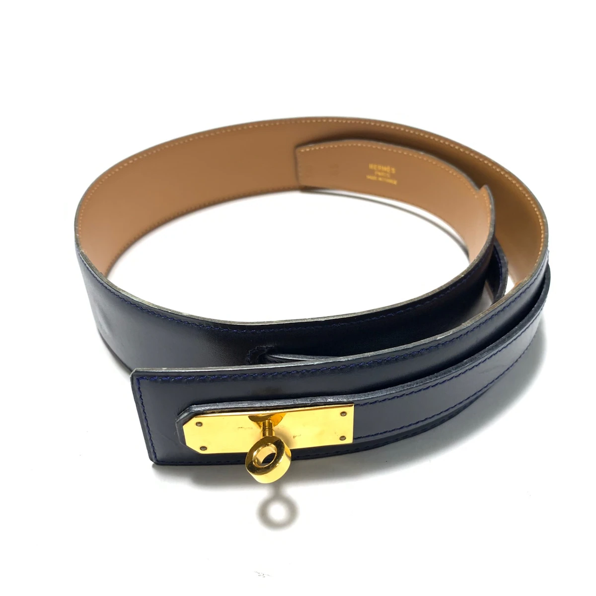 PRE-OWNED Kelly Belt Dark Navy Gold Leather Hardware