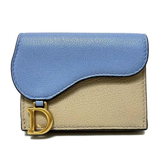 PRE-OWNED Saddle Beige Light Blue Leather Trifold Wallet