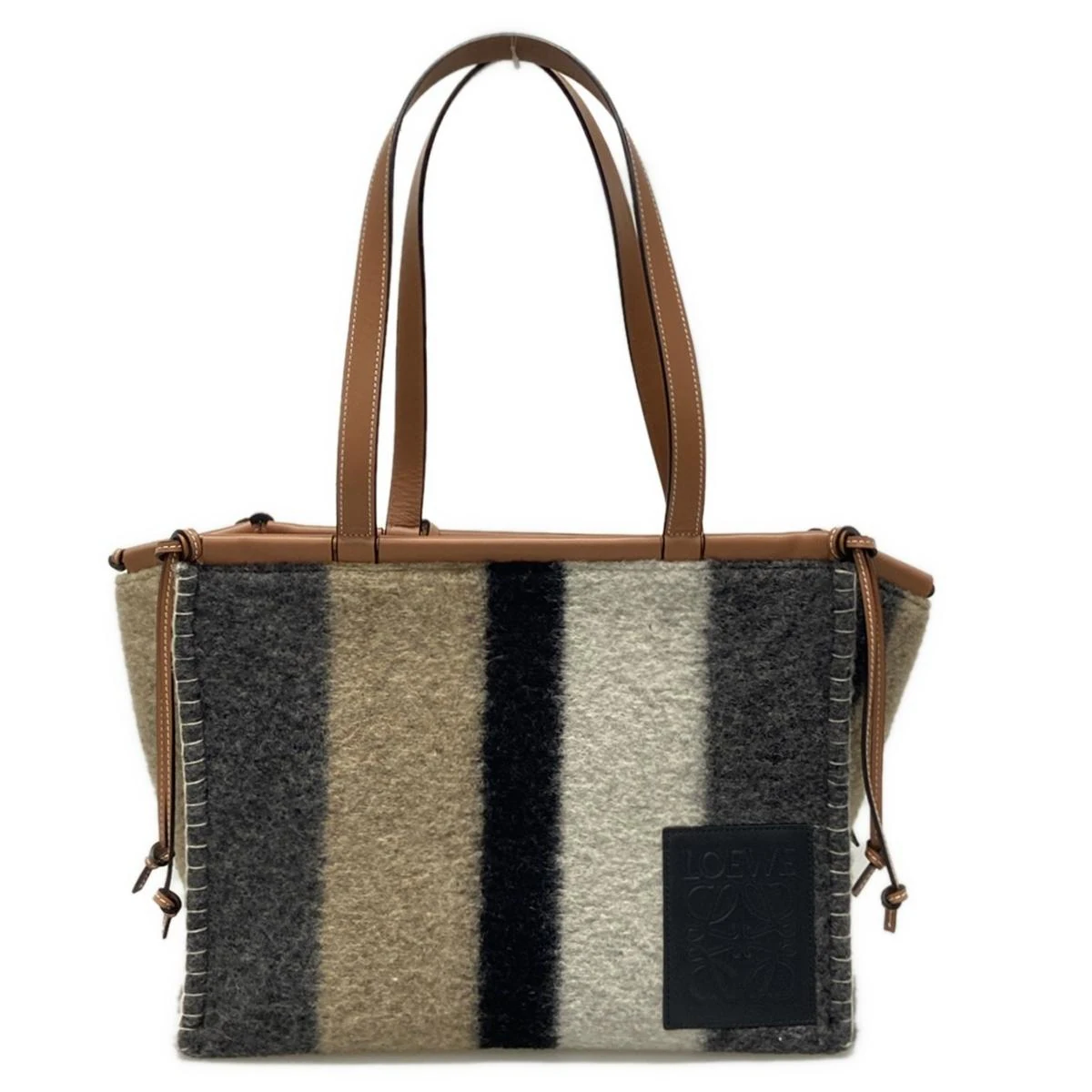 PRE-OWNED Cushion Tote Shoulder Bag Dark Gray Beige Multi Wool Leather