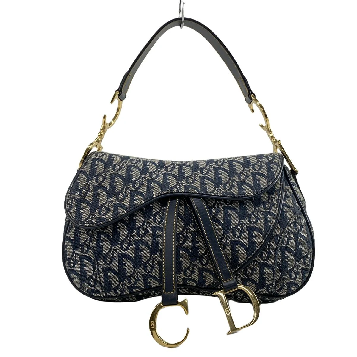 Bolso de hombro de piel de jacquard color crema y azul marino oscuro de segunda mano
