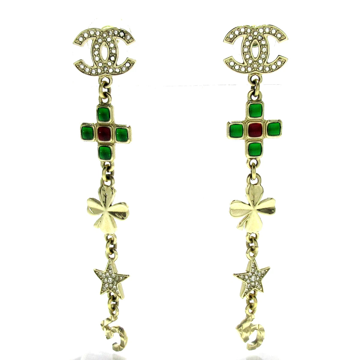 Pendientes CC dorados con herrajes verdes y diamantes de imitación USADOS