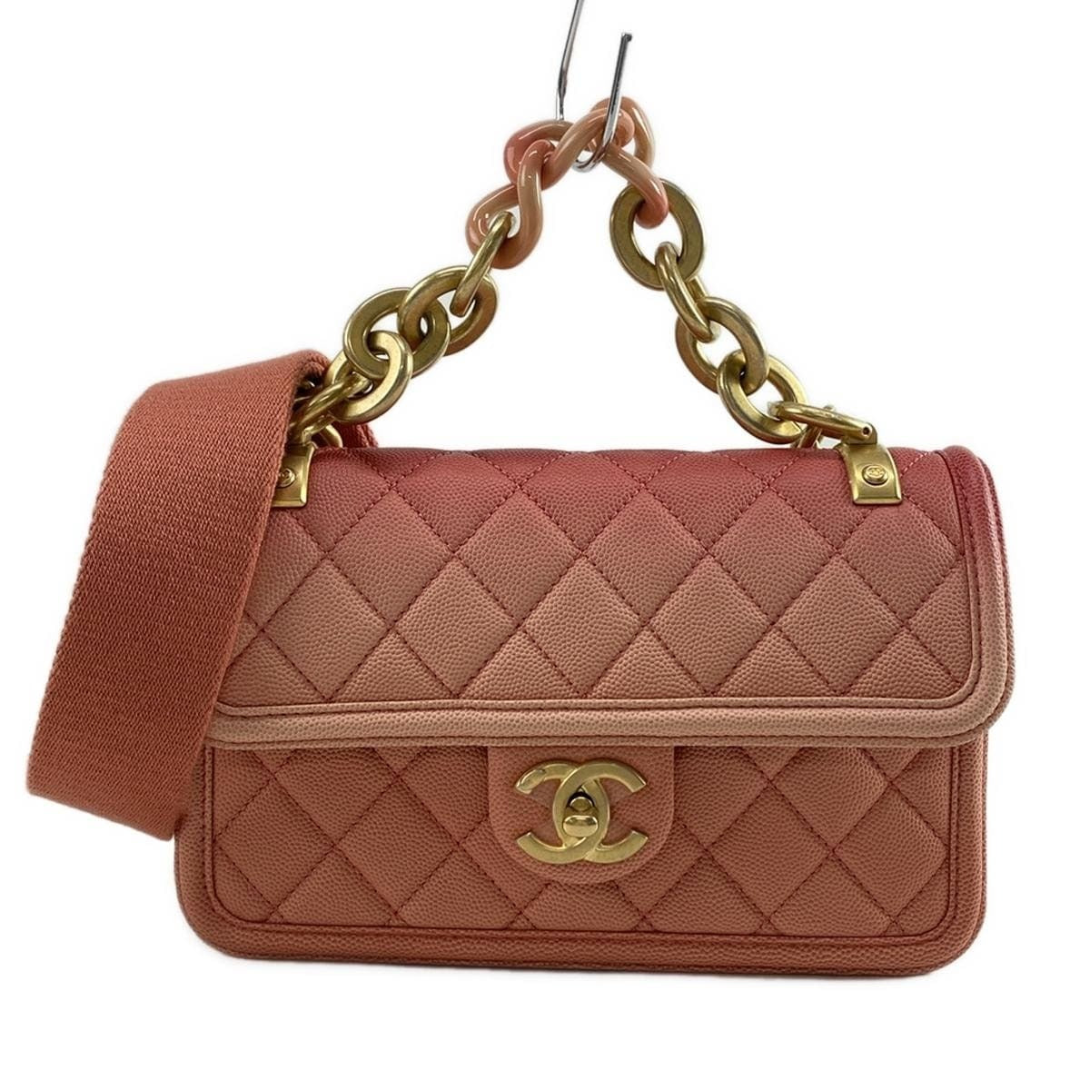 Bolso de hombro CC de piel de caviar rosa matelasse con solapa simple USADO