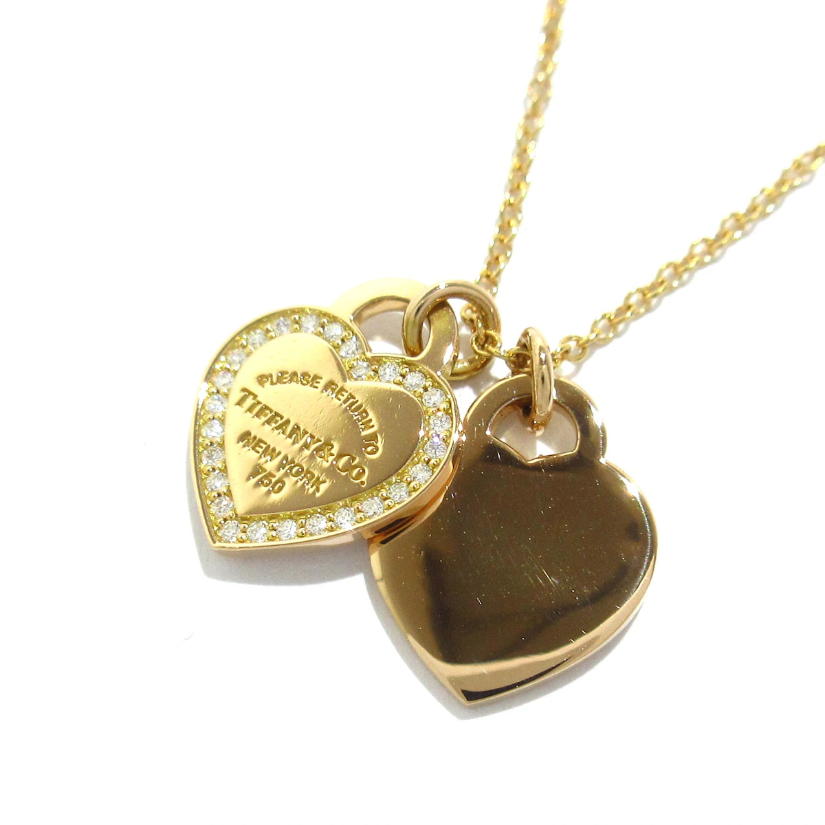 Collar de oro rosa de 18 quilates con diamantes y doble corazón USADO