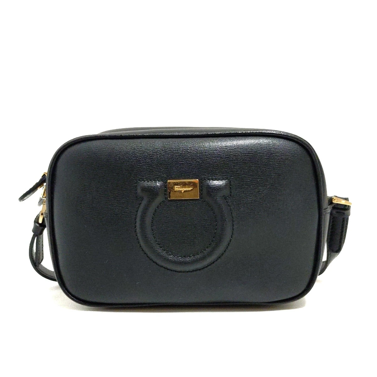 PRE-OWNED SF Gancio City Shoulder Bag Black Gold Leather