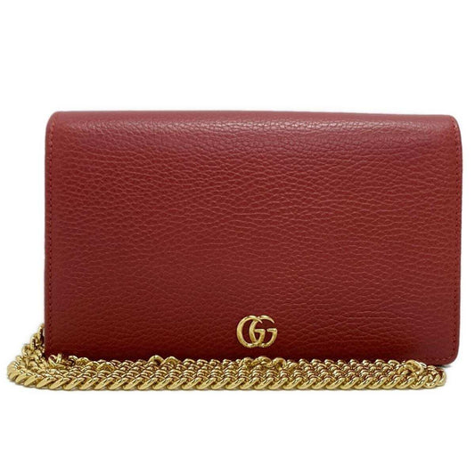 PRE-OWNED GG Marmont Red Leather Mini Wallet On Chain Crossbody Bag