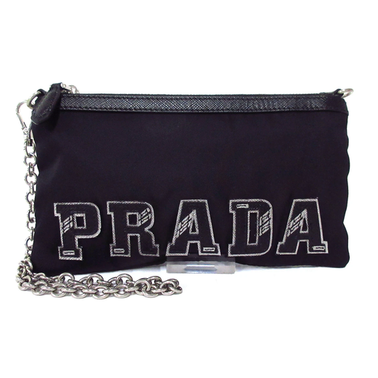 PRE-OWNED Logo Pouch Black Silver Nylon Leather