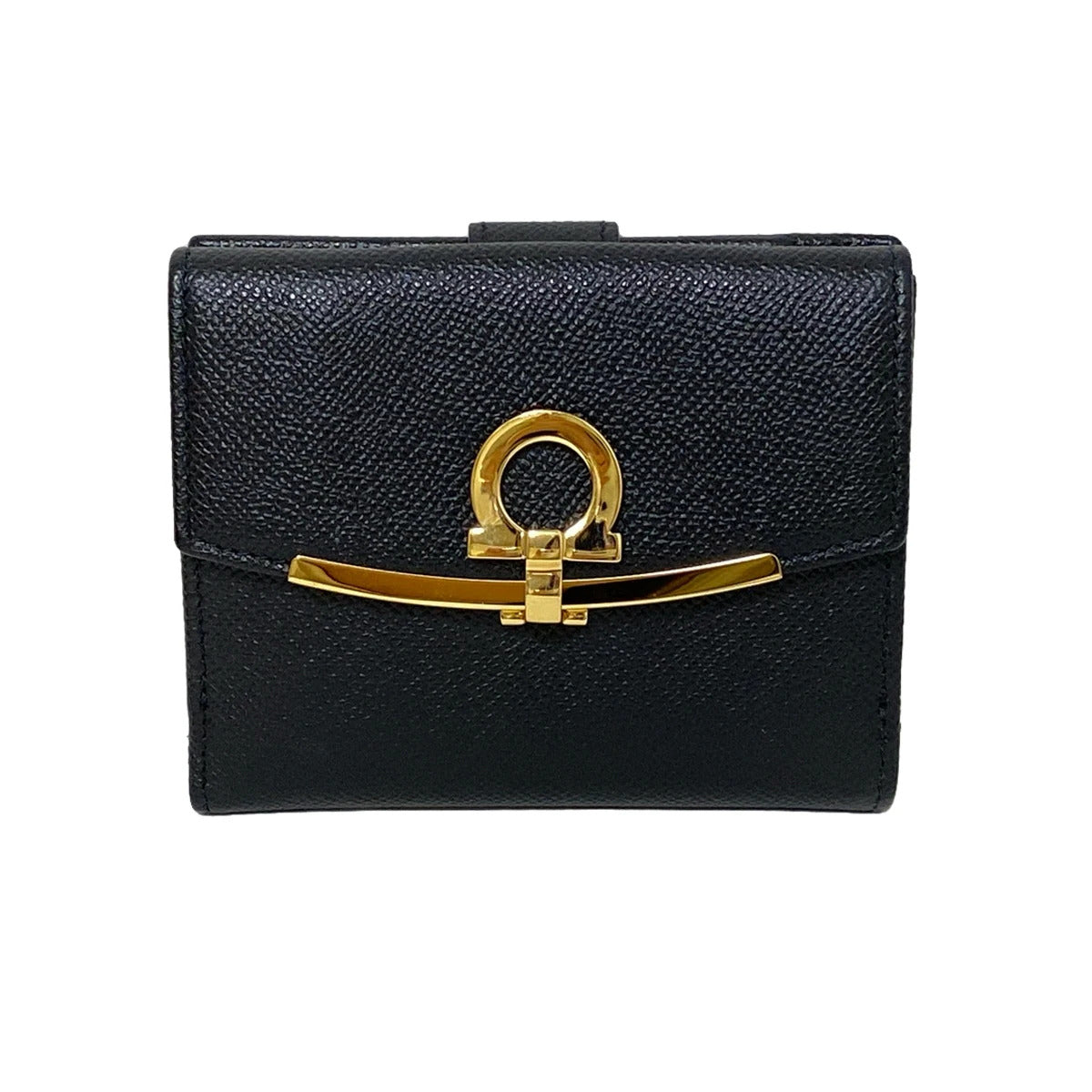 PRE-OWNED Gancini Gold Double Hook Black Leather Wallet
