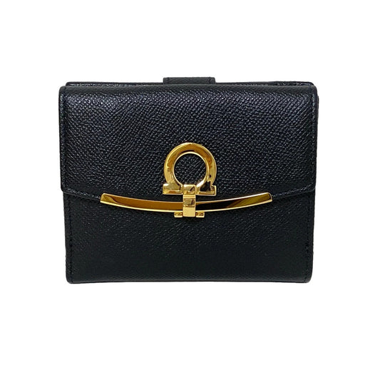 PRE-OWNED Gancini Gold Double Hook Black Leather Wallet