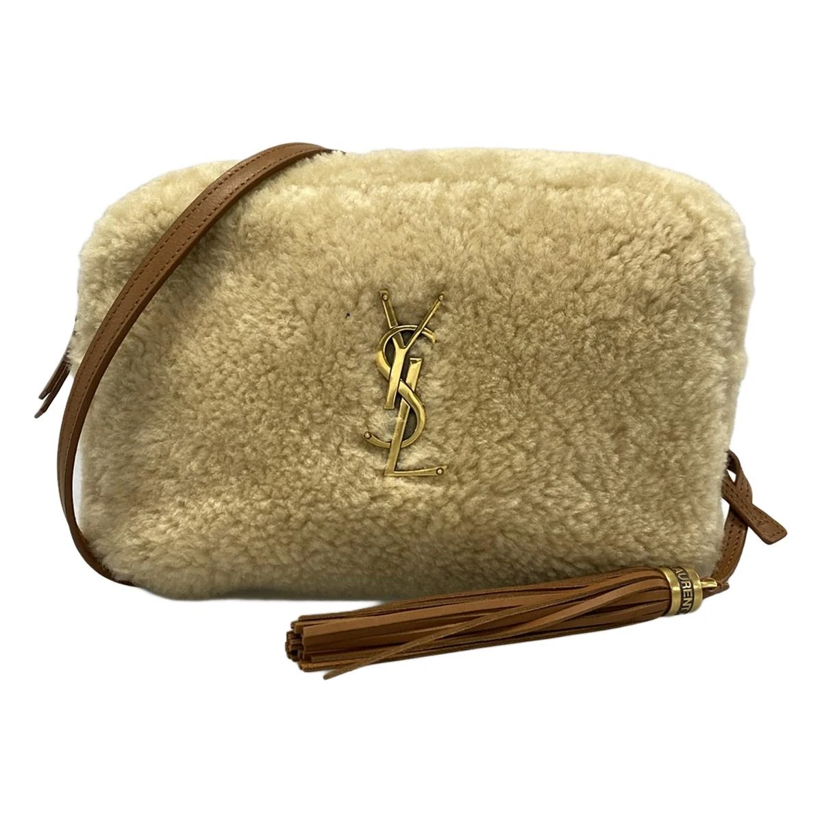 PRE-OWNED YSL Loup Shoulder Bag Beige Brown Wool Leather