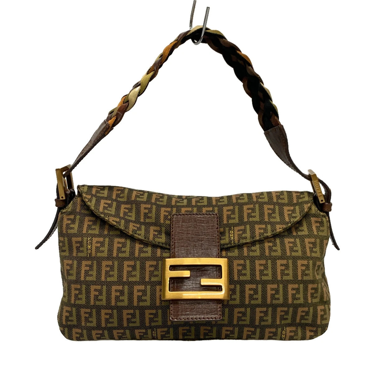 PRE-OWNED FF Mamma Bucket Zucchino Pattern Black Light Green Red Jacquard Leather Shoulder Bag