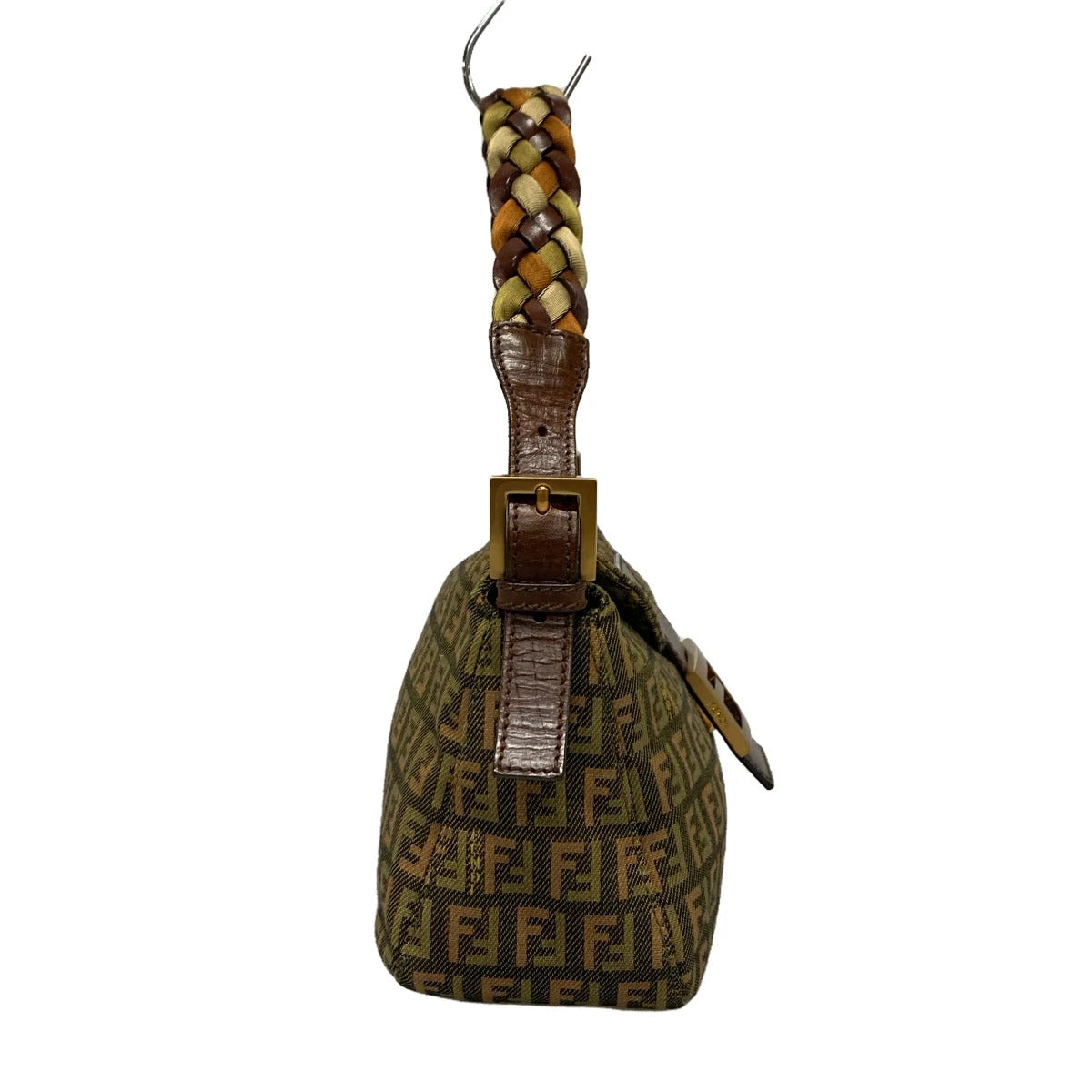 PRE-OWNED FF Mamma Bucket Zucchino Pattern Black Light Green Red Jacquard Leather Shoulder Bag