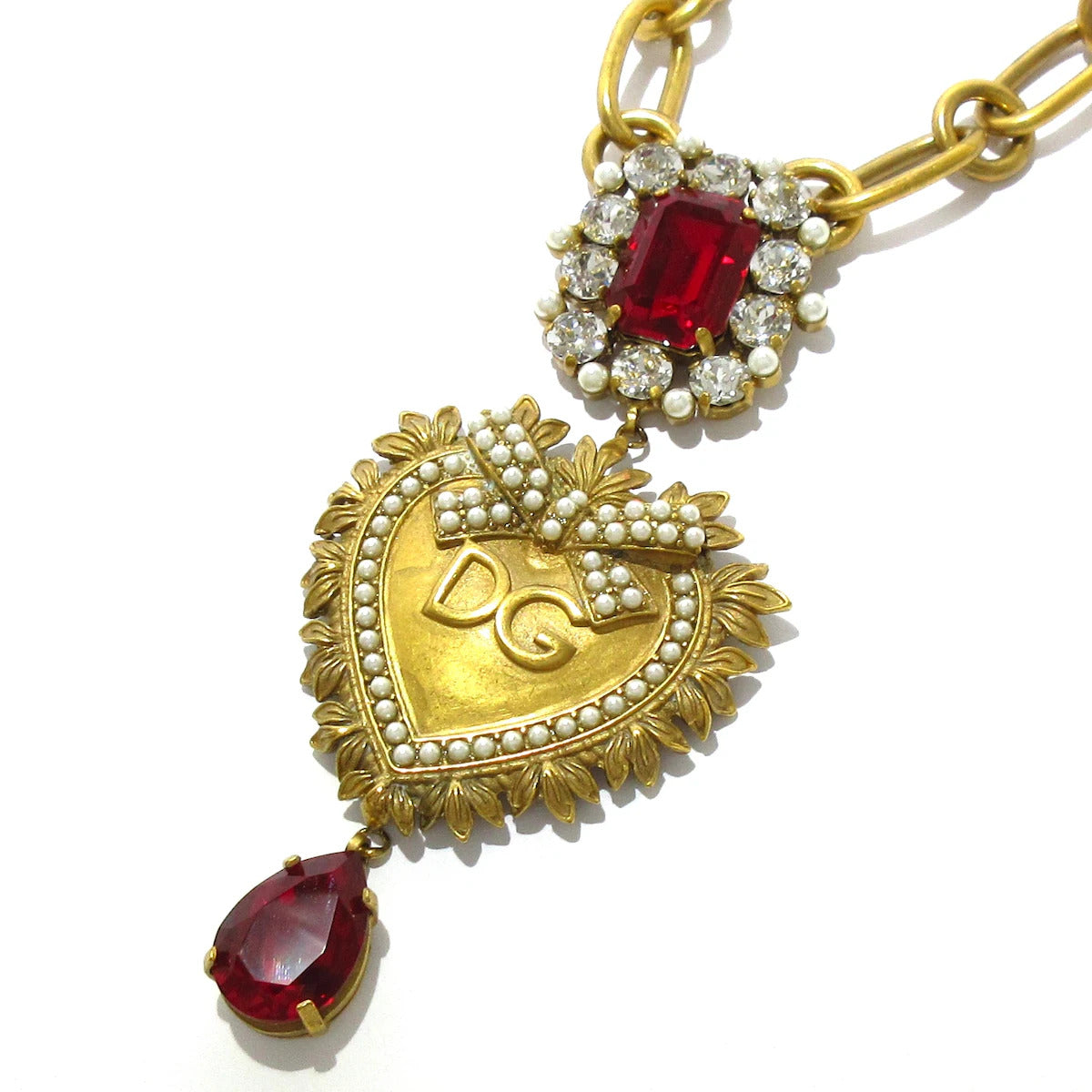 PRE-OWNED Gold Red Cream Hardware Rhinestones Devotion Necklace