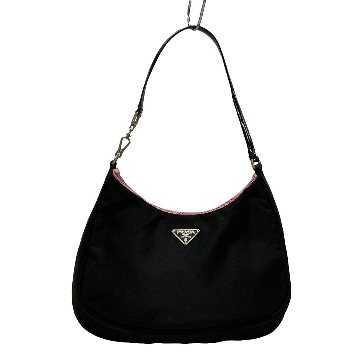 PRE-OWNED Triangle Logo Black Nylon Patent Leather Shoulder Bag