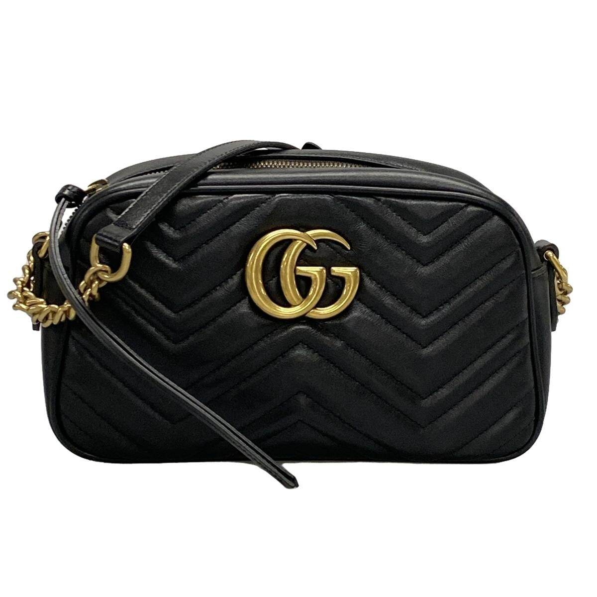 PRE-OWNED GG Marmont Quilting Small Black Leather Shoulder Bag