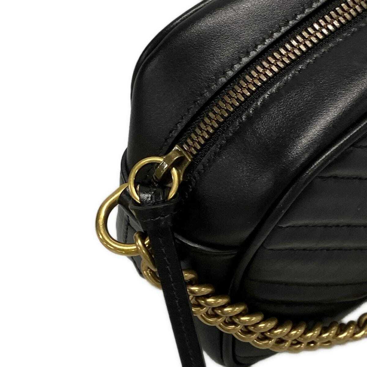 PRE-OWNED GG Marmont Quilting Small Black Leather Shoulder Bag