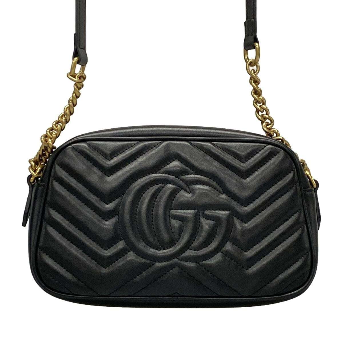 PRE-OWNED GG Marmont Quilting Small Black Leather Shoulder Bag