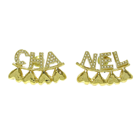 PRE-OWNED CC Crystal Heart Cha-Nel Logo Earrings Gold