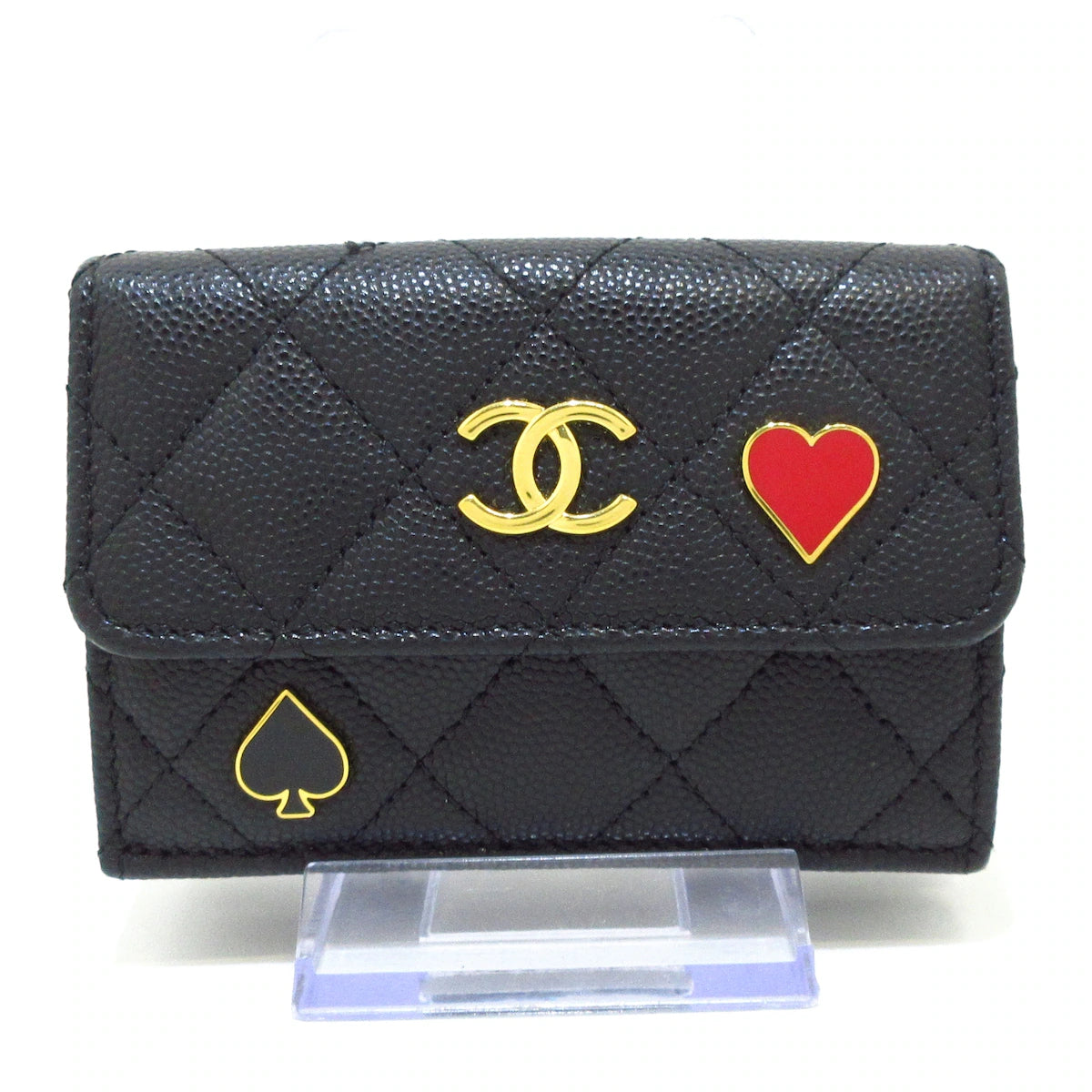 Cartera triple CC de piel de becerro granulada negra de segunda mano