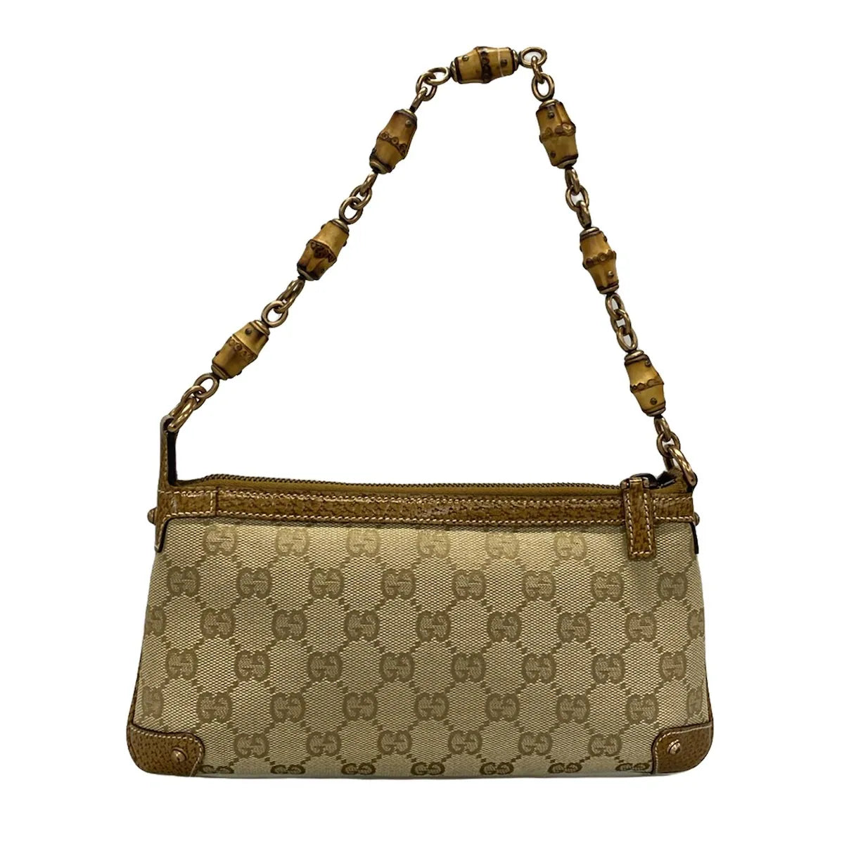 Bolso de mano de bambú con estampado GG en piel jacquard marrón claro de segunda mano