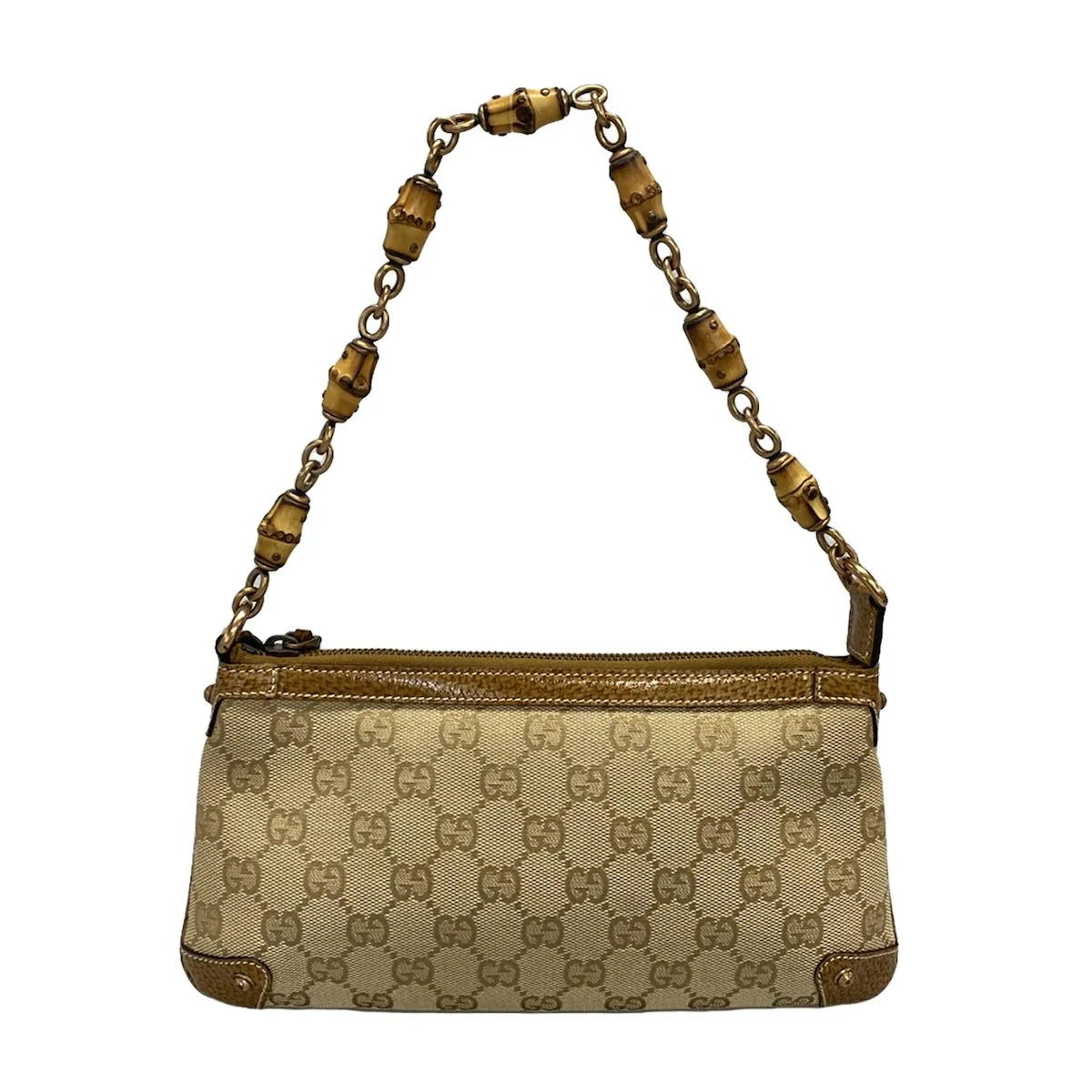 Bolso de mano de bambú con estampado GG en piel jacquard marrón claro de segunda mano