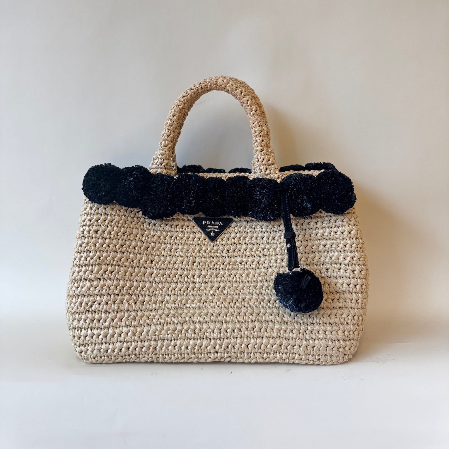 PRE-OWNED Beige & Black Raffia Tote Bag