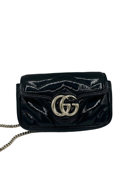 PRE-OWNED GG Black Patent Lambskin Matelasse Super Mini GG Marmont Crossbody Bag