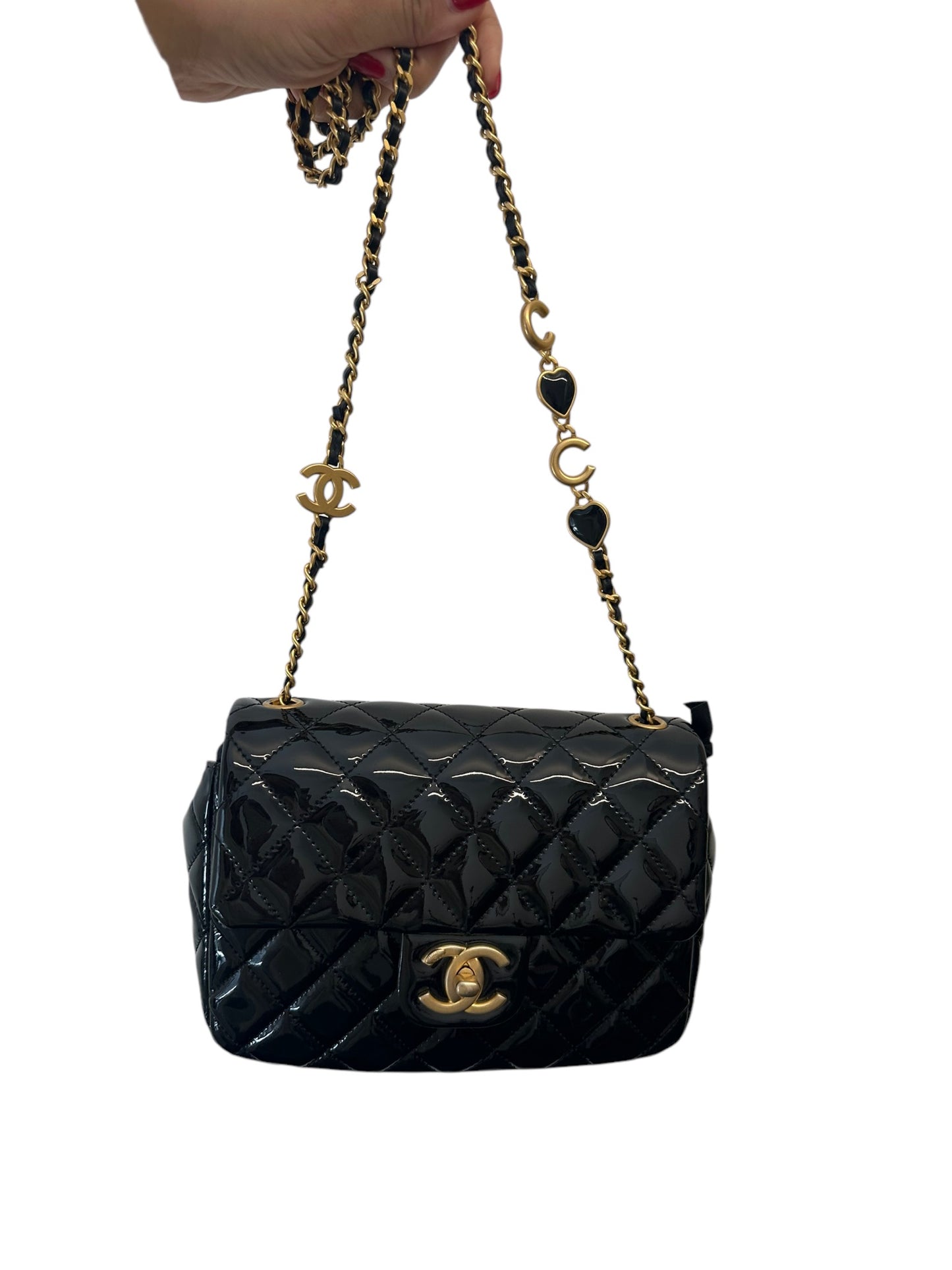 CHANEL - Patent Enamel Quilted Small Coco Hearts Square Flap Black