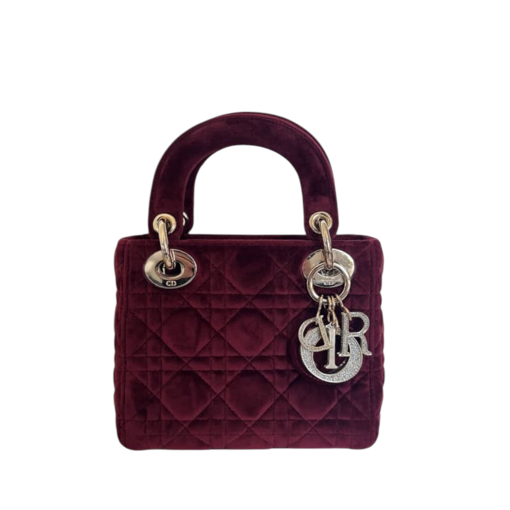 Bolso Lady Dior Mini Canage de terciopelo burdeos USADO