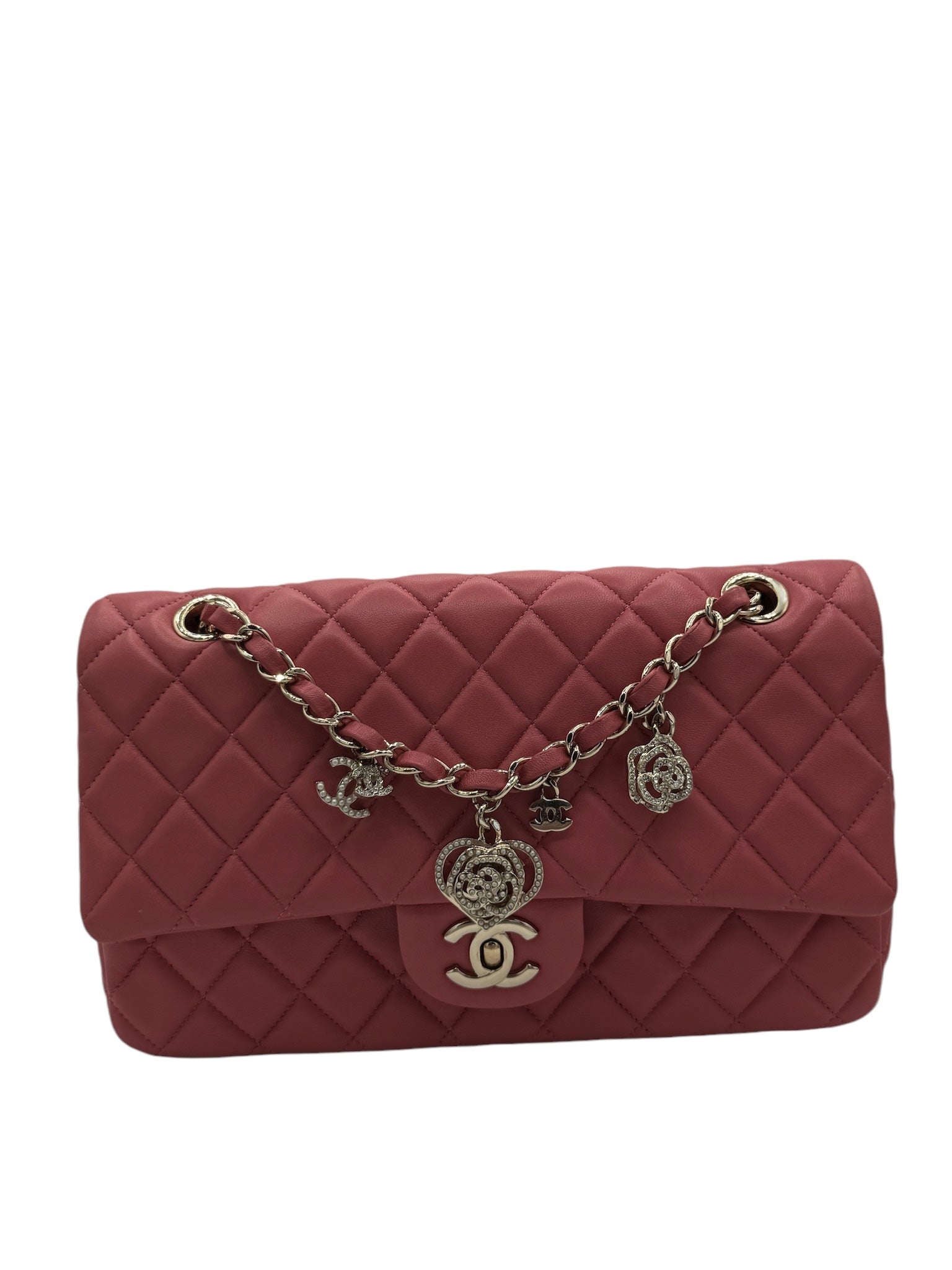 Bolso de hombro con solapa simple con adornos de San Valentín atemporales de piel de cordero acolchada rosa CC USADO