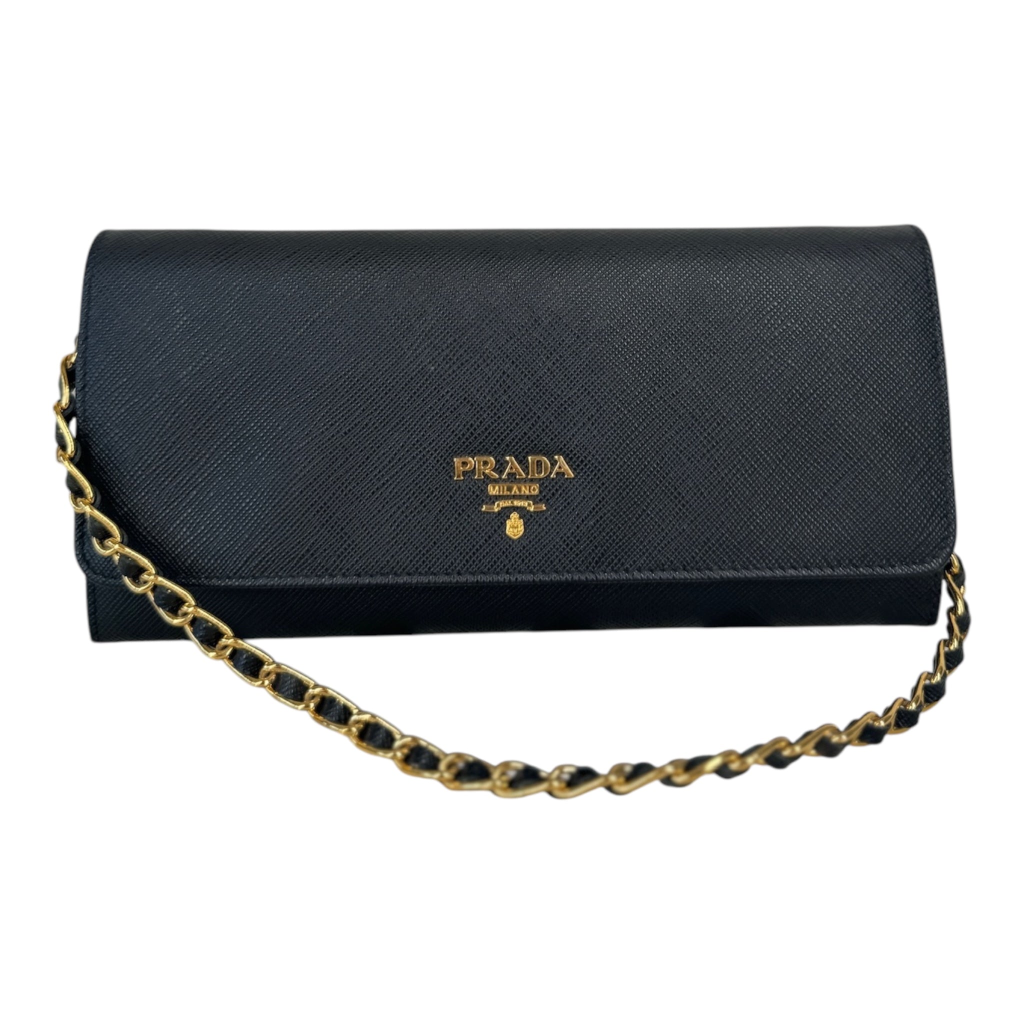 PRE-OWNED Black Saffiano Leather Wallet on Chain Crossbody Bag