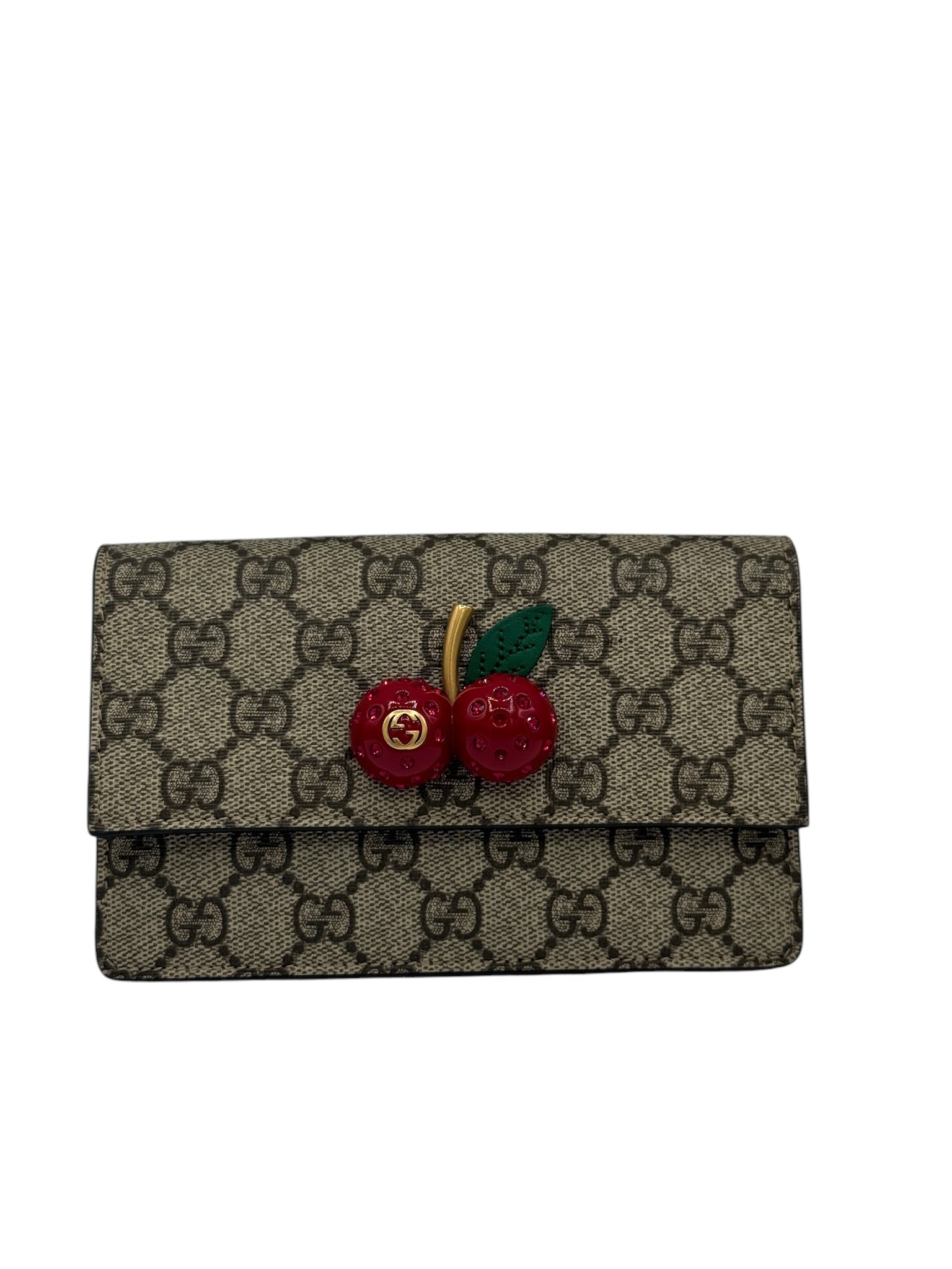 Cartera pequeña de lona revestida con cerezas y cadena GG de segunda mano
