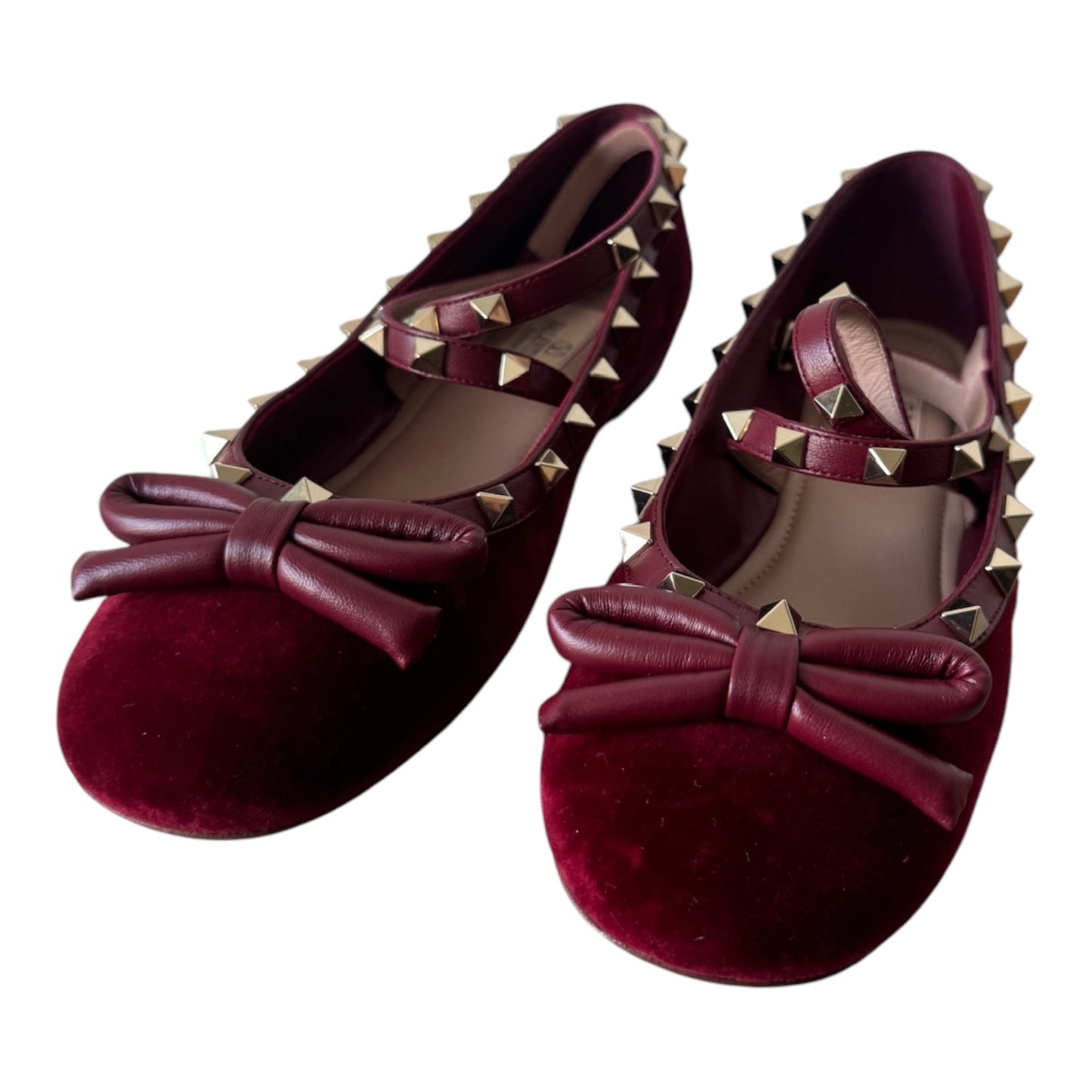 PRE-OWNED Cherry Red Rockstud Velvet Ballerinas