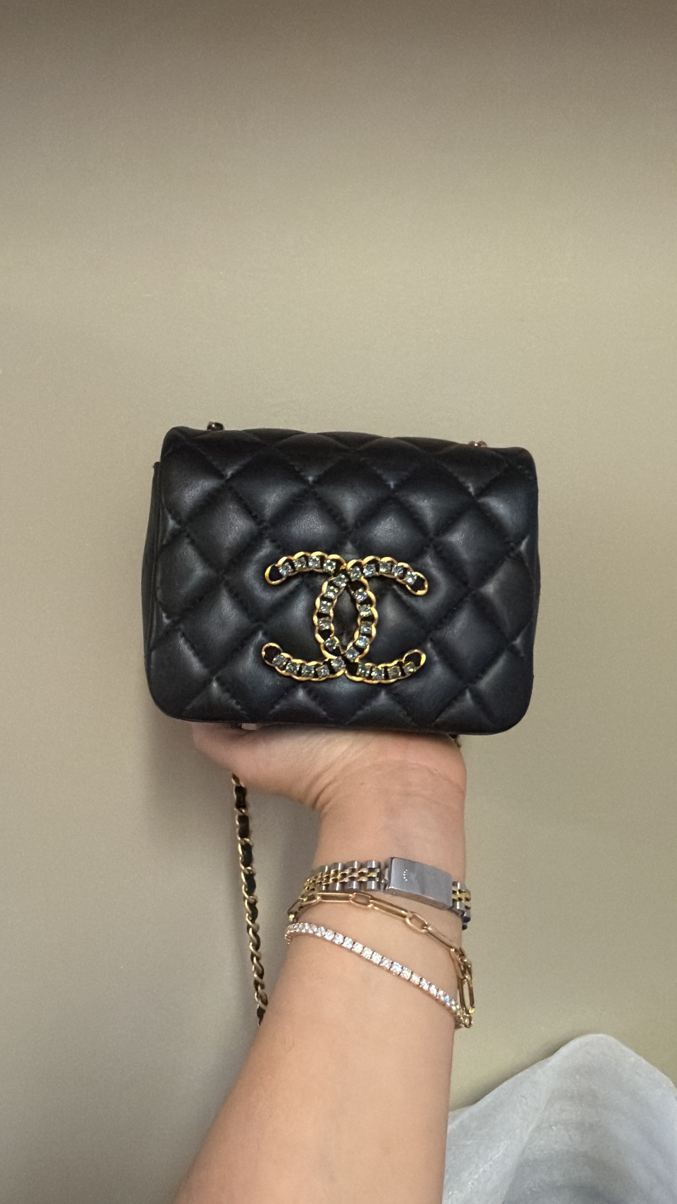 PRE-OWNED -Black Quilted Lambskin Crystal CC Mini Full Flap Bag – Aged Gold Hardware (2021)