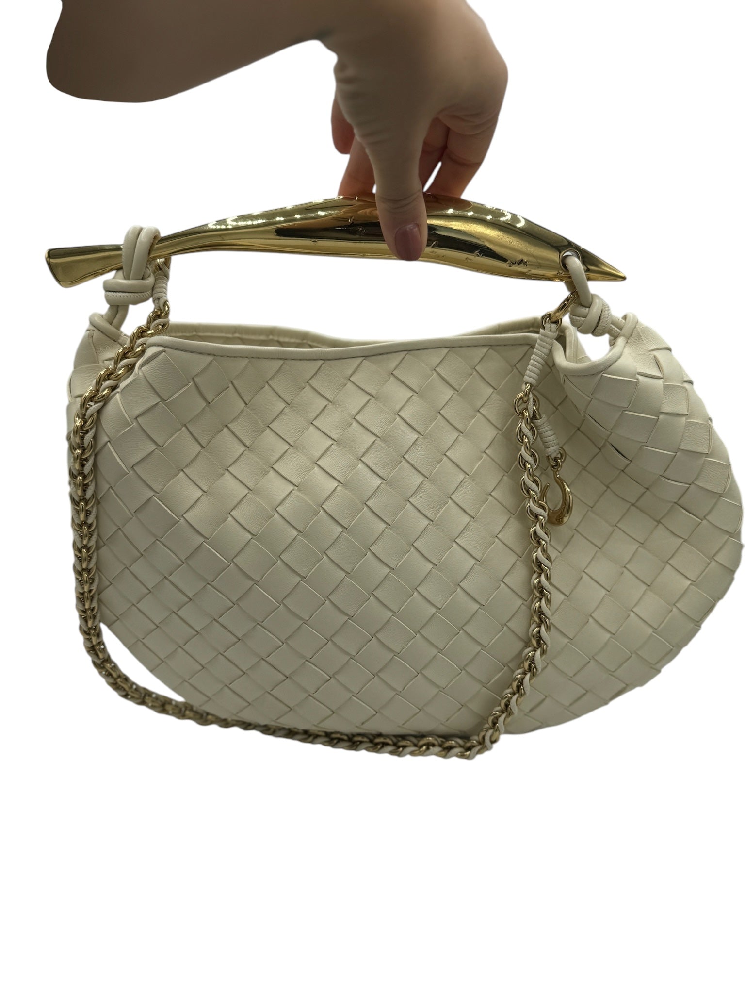 Bolso pequeño de sardinas con intrecciato de napa blanca de segunda mano