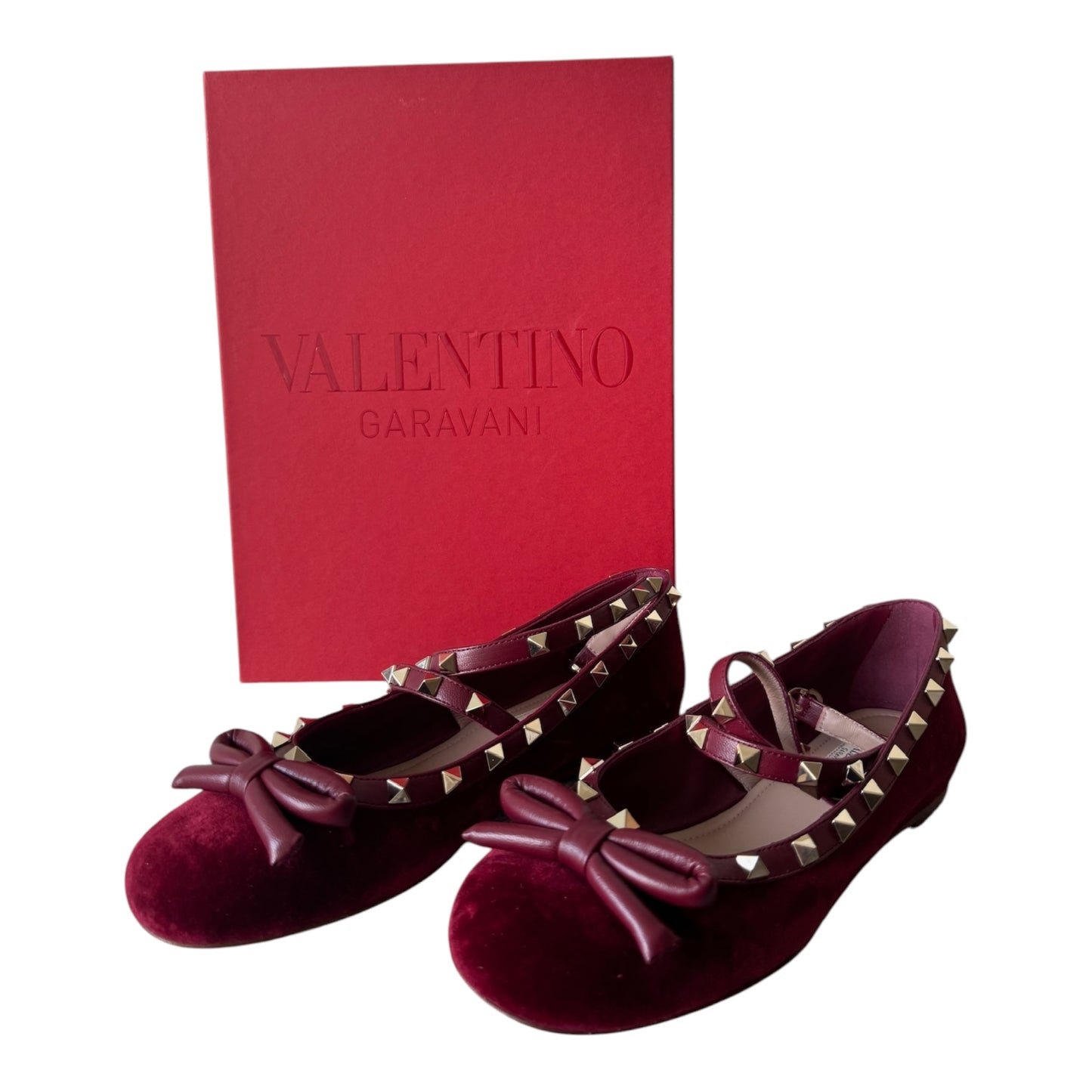 PRE-OWNED Cherry Red Rockstud Velvet Ballerinas