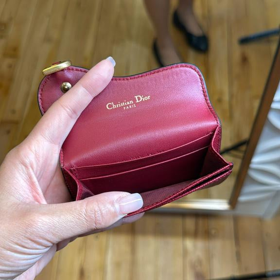 PRE-OWNED Grained Calfskin Saddle Card Holder Burgandy