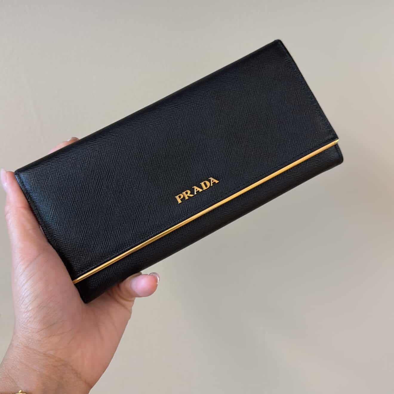 PRE-OWNED Black Saffiano Leather Long Wallet