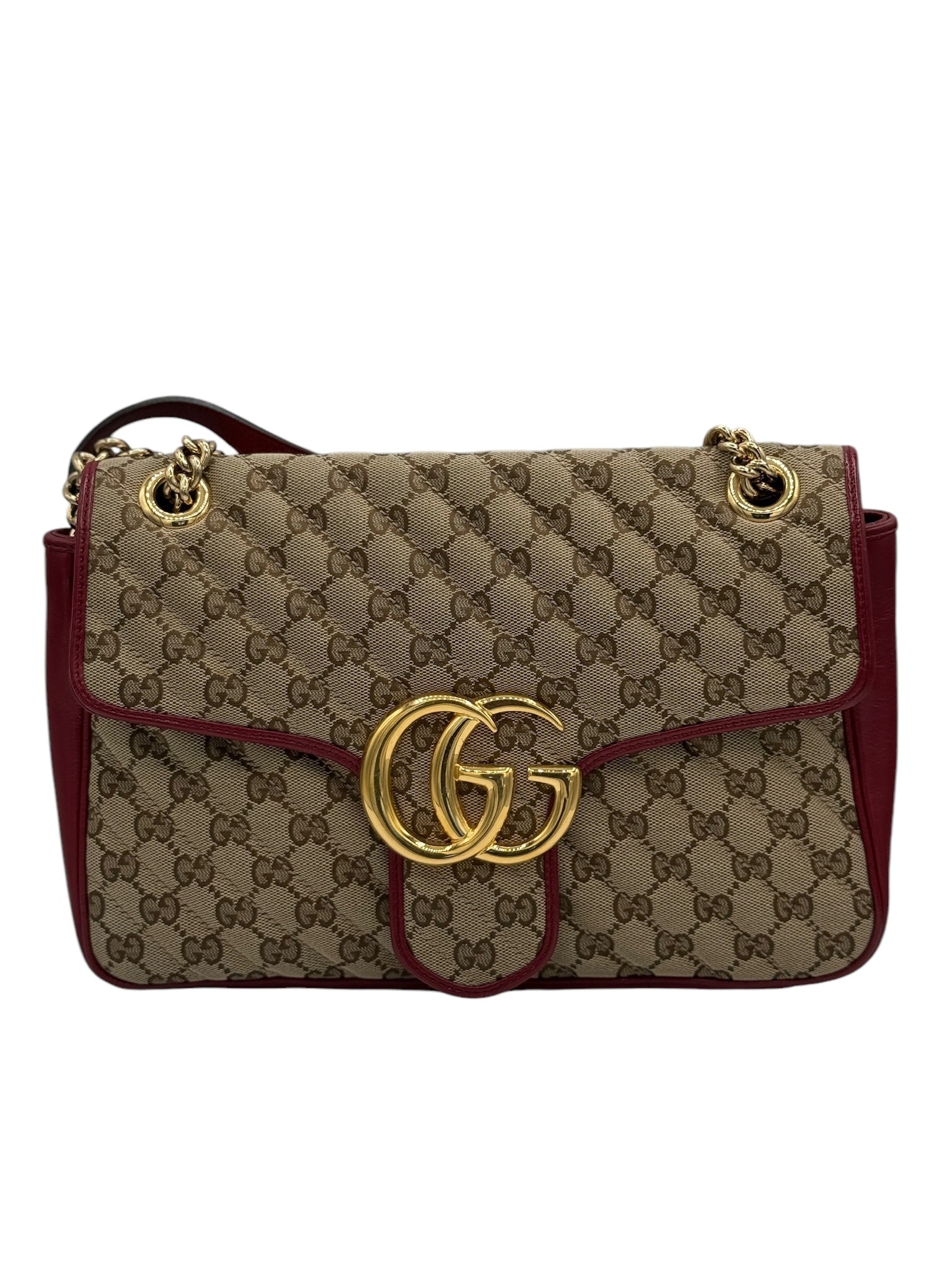 Bolso bandolera mediano GG Marmont de piel de becerro con monograma Azalea en color beige, ébano y rojo cereza nuevo de segunda mano